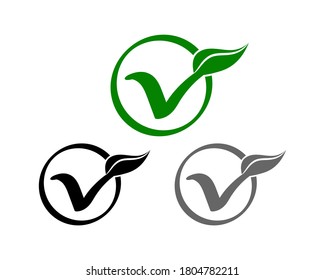 Green Line Icon Isolated On White. Vegan Tick With Leaf In Circle. Herbal Medicine Symbol. Vector Stock Illustration. EPS 10