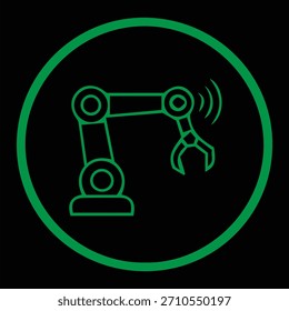 Ícone de linha verde de um braço robótico para uso em design relacionado à automação, indústria e tecnologia futura.