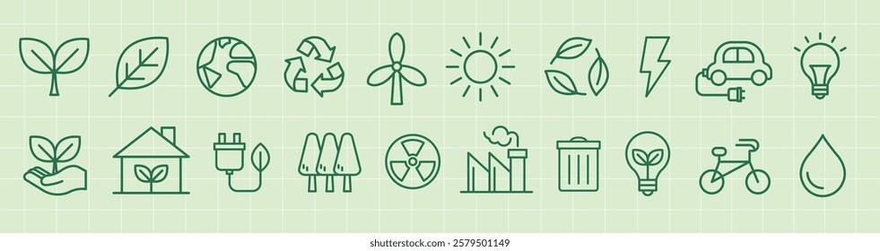 Green line icons on eco themes: leaves, recycling, wind, sun, energy, and sustainability. Eco-friendly symbols on a grid background for environmental concepts. Nature illustrations, isolated vectors.