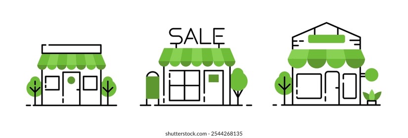 Green Line Icons of Retail Buildings, Eco-Friendly Shops, Markets with Nature Symbols, Vector design
