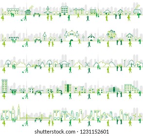 green line illustration set of city and people