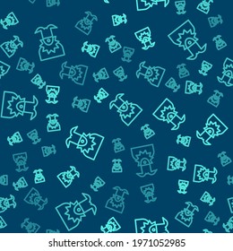 Green line Joker head icon isolated seamless pattern on blue background. Jester sign.  Vector