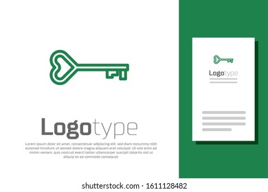 Green line Key in heart shape icon isolated on white background. Valentines day symbol. Logo design template element. Vector Illustration