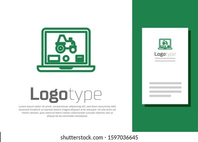 Green line Laptop application for control a autonomous tractor on a smart farm icon isolated on white background. Smart agriculture implement. Logo design template element. Vector Illustration