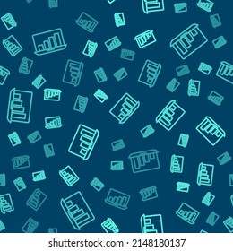 Green line Laptop with graph chart icon isolated seamless pattern on blue background. Report text file icon. Accounting sign. Audit, analysis, planning.  Vector