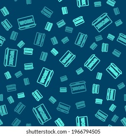 Green line Laptop with text work icon isolated seamless pattern on blue background.  Vector Illustration