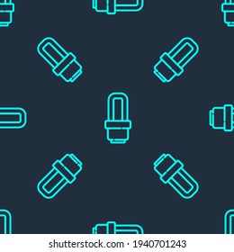 Green line LED light bulb icon isolated seamless pattern on blue background. Economical LED illuminated lightbulb. Save energy lamp.  Vector