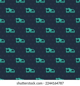 Green line Leprechaun boot icon isolated seamless pattern on blue background. Happy Saint Patricks day. National Irish holiday.  Vector