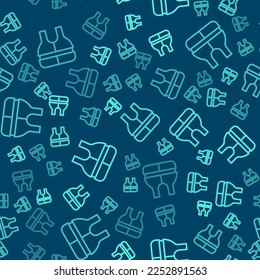 Icono de la chaqueta de la línea verde Life aislado patrón sin fisuras en fondo azul. Icono del chaleco salvavidas. Deporte extremo. Equipamiento deportivo.  Vector