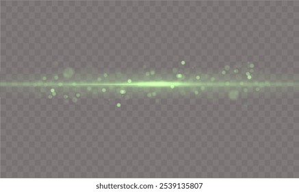 Lichteffekt mit grüner Linie. Golden leuchtende Neonlinien. Das grüne Leuchten von Staub und Blendung. Lichtblitz. Goldstaub-Bokeh. Goldkonfetti schimmert auf dunklem Hintergrund.	