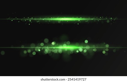 Green line light effect. Golden glowing neon lines. The green glow of dust and glare. Flash of light. gold dust bokeh. Gold confetti shimmers on a dark background.	