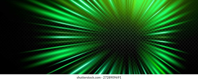 Línea verde de luz y efecto de velocidad de coche con tecnología de neón blanco. La raya amarilla brilla y la energía verde de la carretera con la línea negra del flash. Anime láser verde y Vector de efecto de rayos con dinámica.