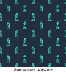 Green line Lighthouse icon isolated seamless pattern on blue background.  Vector