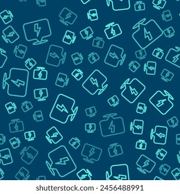 Green line Lightning bolt icon isolated seamless pattern on blue background. Flash sign. Charge flash icon. Thunder bolt. Lighting strike.  Vector