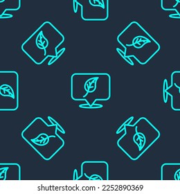 Green line Location with leaf icon isolated seamless pattern on blue background. Eco energy concept. Alternative energy concept.  Vector