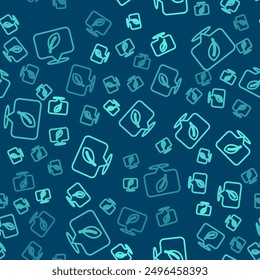Green line Location with leaf icon isolated seamless pattern on blue background. Eco energy concept. Alternative energy concept.  Vector