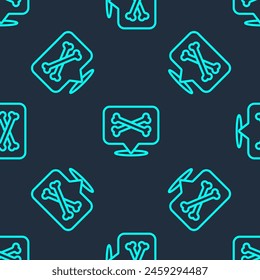 Green line Location pirate icon isolated seamless pattern on blue background.  Vector