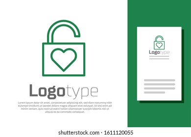 Green line Lock and heart icon isolated on white background. Locked Heart. Love symbol and keyhole sign. Valentines day symbol. Logo design template element. Vector Illustration