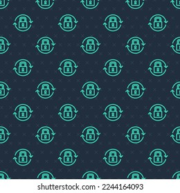 Green line Lock icon isolated seamless pattern on blue background. Padlock sign. Security, safety, protection, privacy concept.  Vector