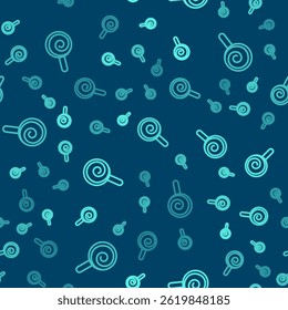 Green line Lollipop icon isolated seamless pattern on blue background. Candy sign. Food, delicious symbol.  Vector