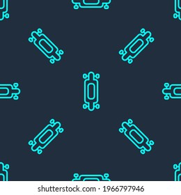 Green line Longboard or skateboard cruiser icon isolated seamless pattern on blue background. Extreme sport. Sport equipment.  Vector Illustration