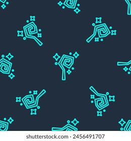 Green line Magic staff icon isolated seamless pattern on blue background. Magic wand, scepter, stick, rod.  Vector