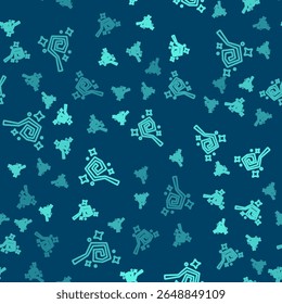 Línea verde Icono de personal mágico aislado sin patrón sobre fondo azul. Varita mágica, cetro, palo, varilla.  Vector