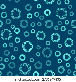 Linha verde Símbolo mágico do ícone de Ouroboros isolado padrão sem costura no fundo azul. Serpente mordendo a própria cauda. Animal e infinito, mitologia e serpente.  Vetor