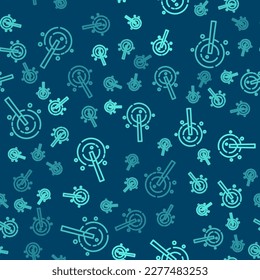 Die grüne Linie Magic Zauberstab Symbol einzeln auf blauem Hintergrund. Zaubererzubehör in Sternenform. Magische Kraft. Frohes Halloween-Fest.  Vektorgrafik