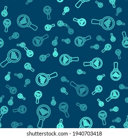Green line Magnifying glass and data analysis icon isolated seamless pattern on blue background.  Vector