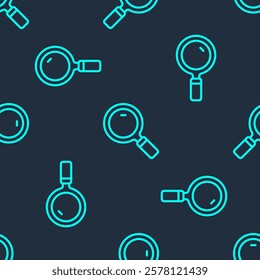 Green line Magnifying glass icon isolated seamless pattern on blue background. Search, focus, zoom, business symbol.  Vector