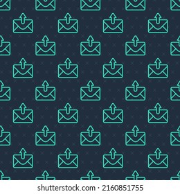 Green line Mail and e-mail icon isolated seamless pattern on blue background. Envelope symbol e-mail. Email message sign.  Vector
