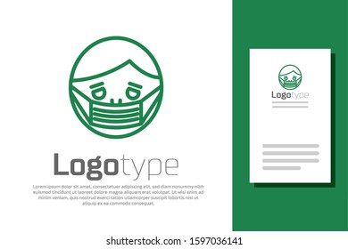 Green line Man face in a medical protective mask icon isolated on white background. Quarantine. Logo design template element. Vector Illustration