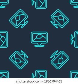 Green line Map pin icon isolated seamless pattern on blue background. Navigation, pointer, location, map, gps, direction, place, compass, search concept.  Vector Illustration