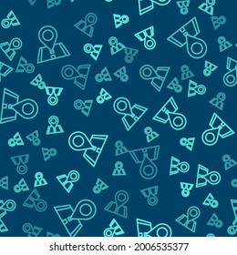 Green line Map pin icon isolated seamless pattern on blue background. Navigation, pointer, location, map, gps, direction, place, compass, search concept.  Vector Illustration