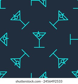Green line Martini glass icon isolated seamless pattern on blue background. Cocktail icon. Wine glass icon.  Vector Illustration