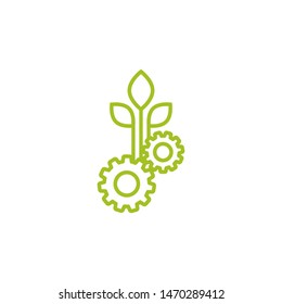 green line mechanical gears and three green leaves. Isolated on white background. Eco friendly technology icon. World Environment day label.  Bio technology. Vector illustration.