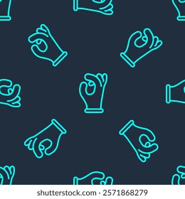 Green line Medical rubber gloves icon isolated seamless pattern on blue background. Protective rubber gloves.  Vector