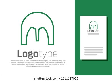 Green line Medieval iron helmet for head protection icon isolated on white background. Logo design template element. Vector Illustration