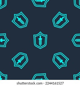 Green line Medieval shield with sword icon isolated seamless pattern on blue background.  Vector