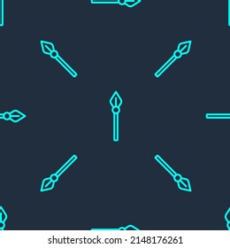 Icono de la lanza medieval de línea verde aislado patrón sin fisuras sobre fondo azul. arma medieval.  Vector