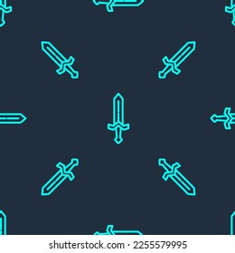 Green line Medieval sword icon isolated seamless pattern on blue background. Medieval weapon.  Vector