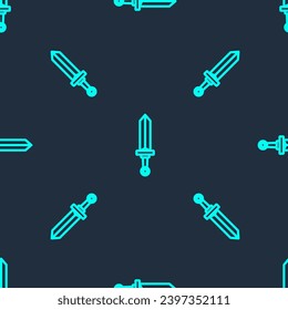 Green line Medieval sword icon isolated seamless pattern on blue background. Medieval weapon.  Vector