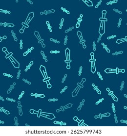 Green line Medieval sword icon isolated seamless pattern on blue background. Medieval weapon.  Vector