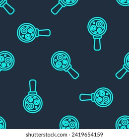 Green line Microorganisms under magnifier icon isolated seamless pattern on blue background. Bacteria and germs, cell cancer, microbe, virus, fungi.  Vector