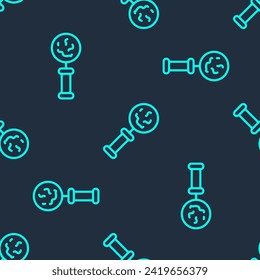 Green line Microorganisms under magnifier icon isolated seamless pattern on blue background. Bacteria and germs, cell cancer, microbe, virus, fungi.  Vector