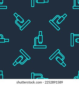 Green line Microscope icon isolated seamless pattern on blue background. Chemistry, pharmaceutical instrument, microbiology magnifying tool.  Vector