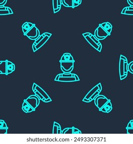 Green line Miner in a helmet icon isolated seamless pattern on blue background.  Vector