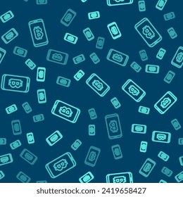 Grüne Linie Mining Bitcoin aus dem mobilen Symbol isoliert nahtlose Muster auf blauem Hintergrund. Kryptowährungsbergbau, Blockchain Technology Service.  Vektorgrafik