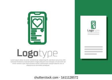 Green line Mobile phone with heart icon isolated on white background. Valentines day. Logo design template element. Vector Illustration